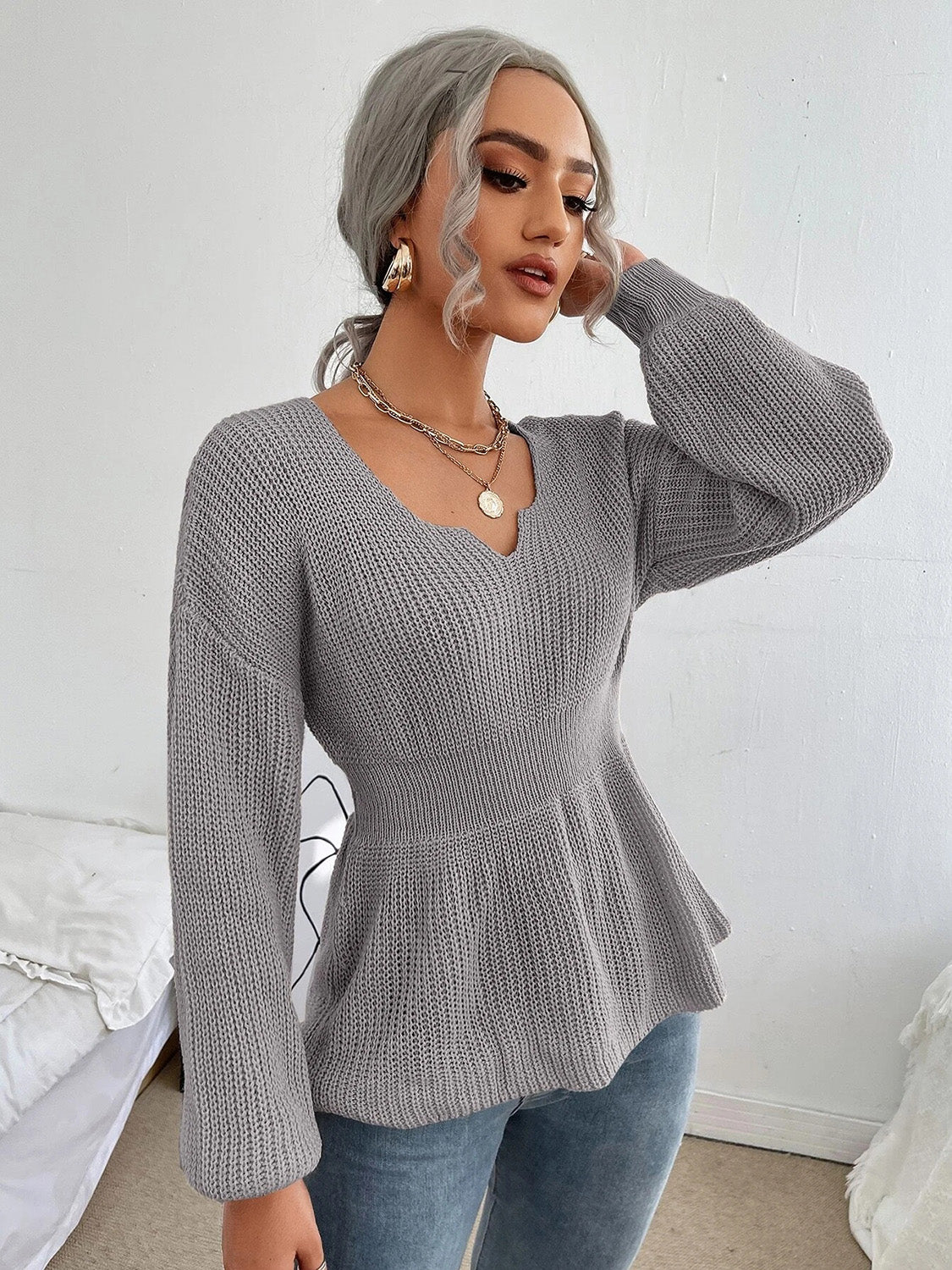 Notched Dropped Shoulder Knit Top 