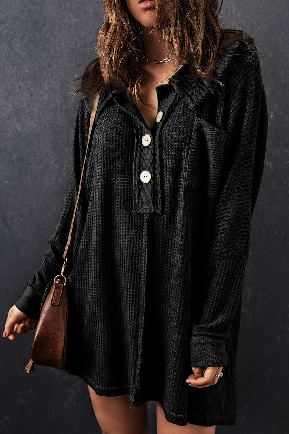 Waffle Knit Buttoned Long Sleeve Top with Breast Pocket - Babbazon Tops