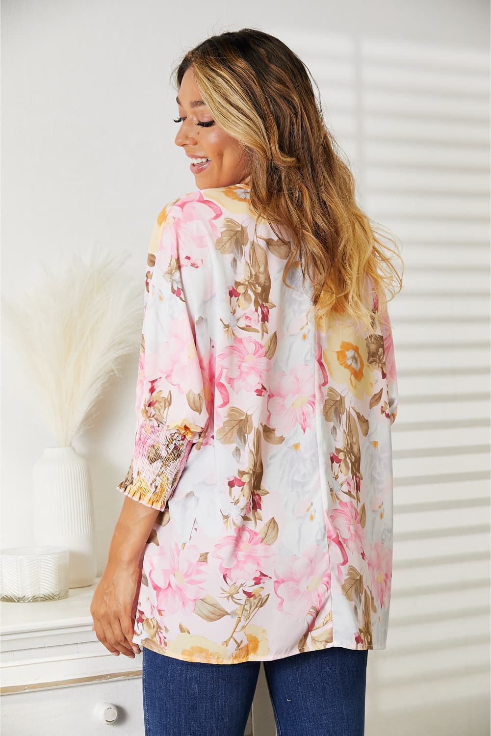 Double Take Floral Round Neck Three-Quarter Sleeve Top 