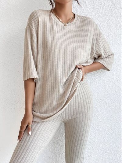 Ribbed Round Neck T-Shirt and Pants Lounge Set 