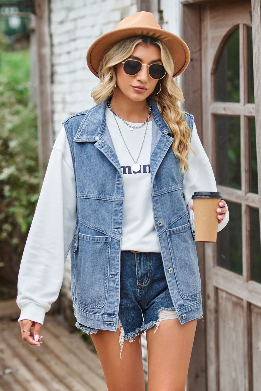 Sleeveless Denim Top with A Detachable Hood 