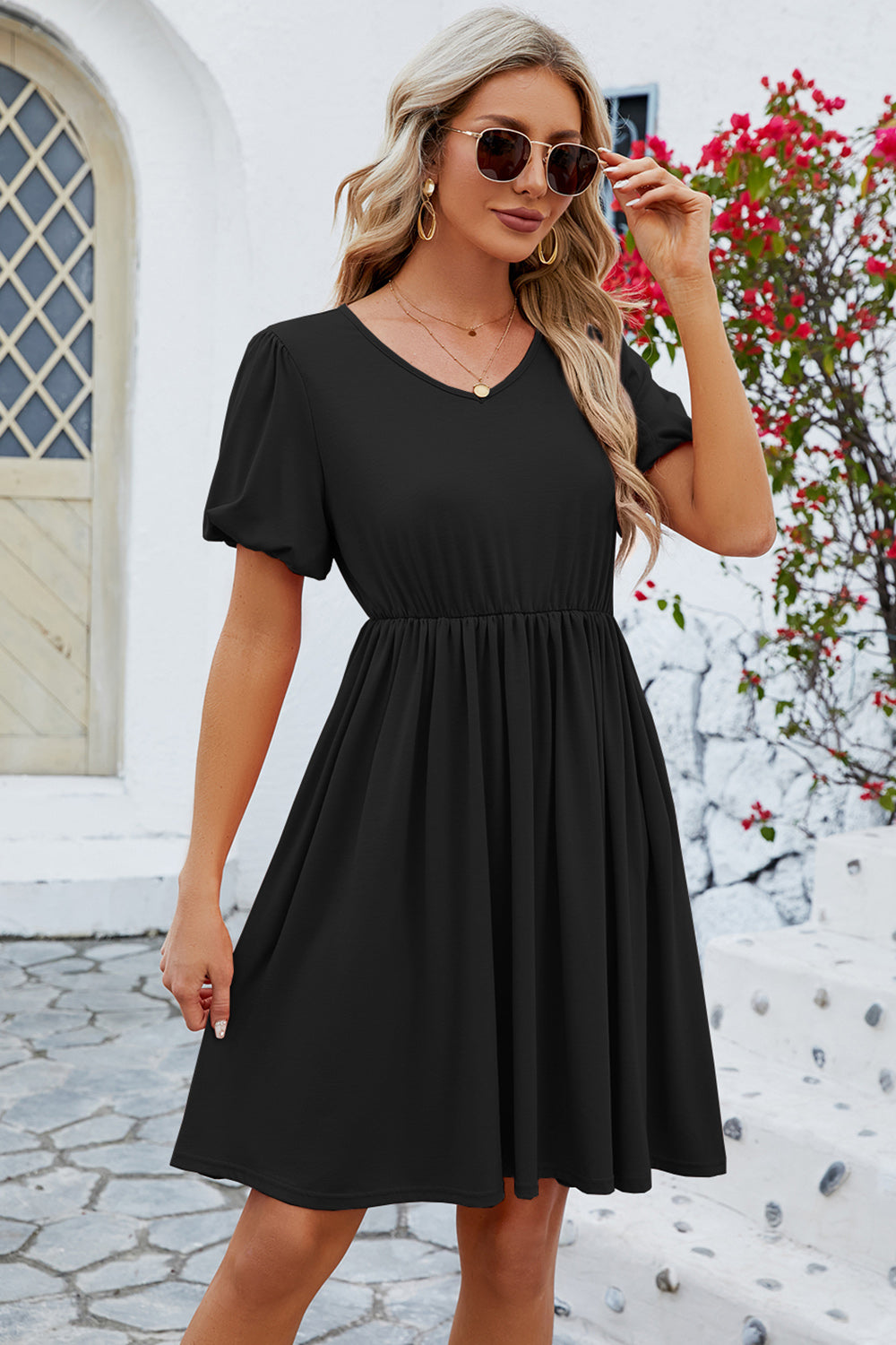 V-Neck Balloon Short Sleeve Dress 