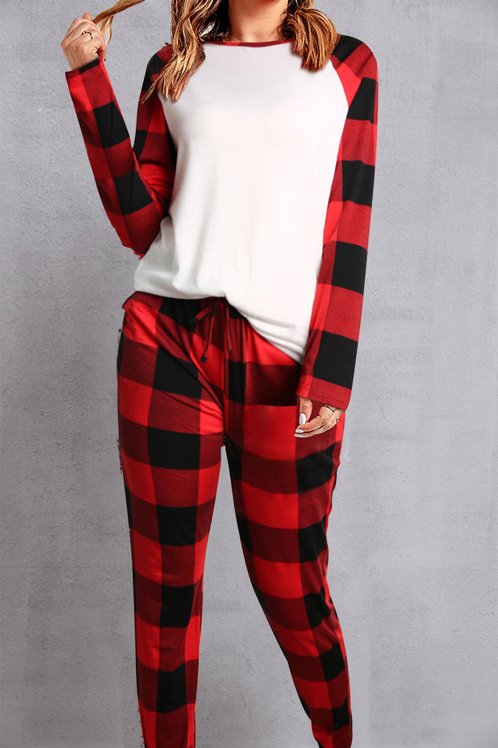 Plaid Round Neck Top and Pants Set 