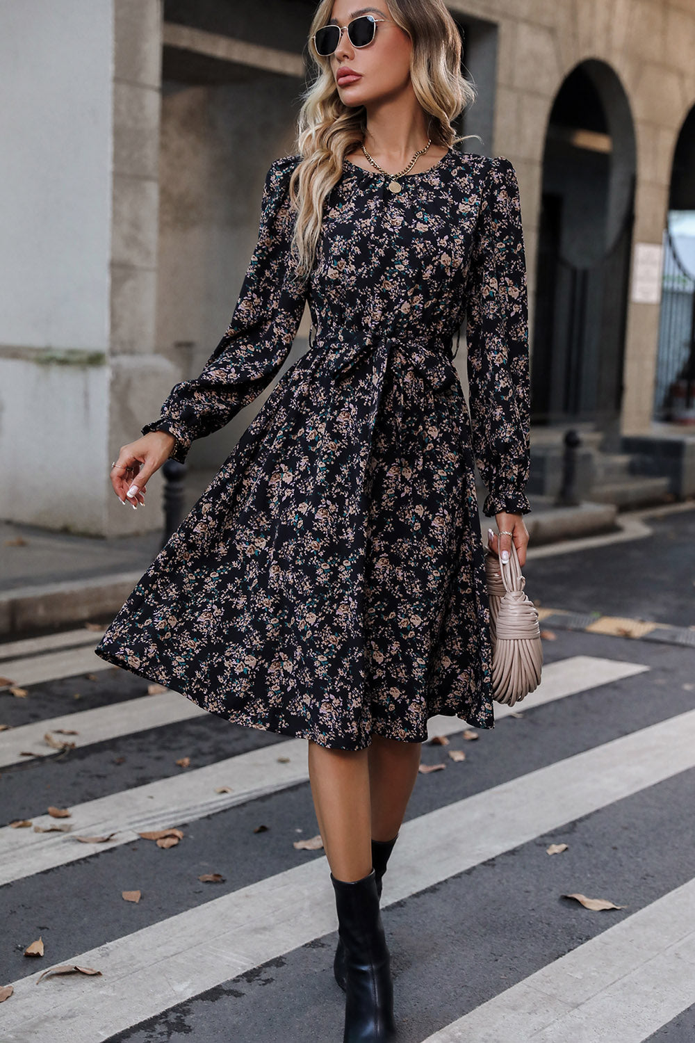 Printed Round Neck Flounce Sleeve Dress - Babbazon Midi Dress