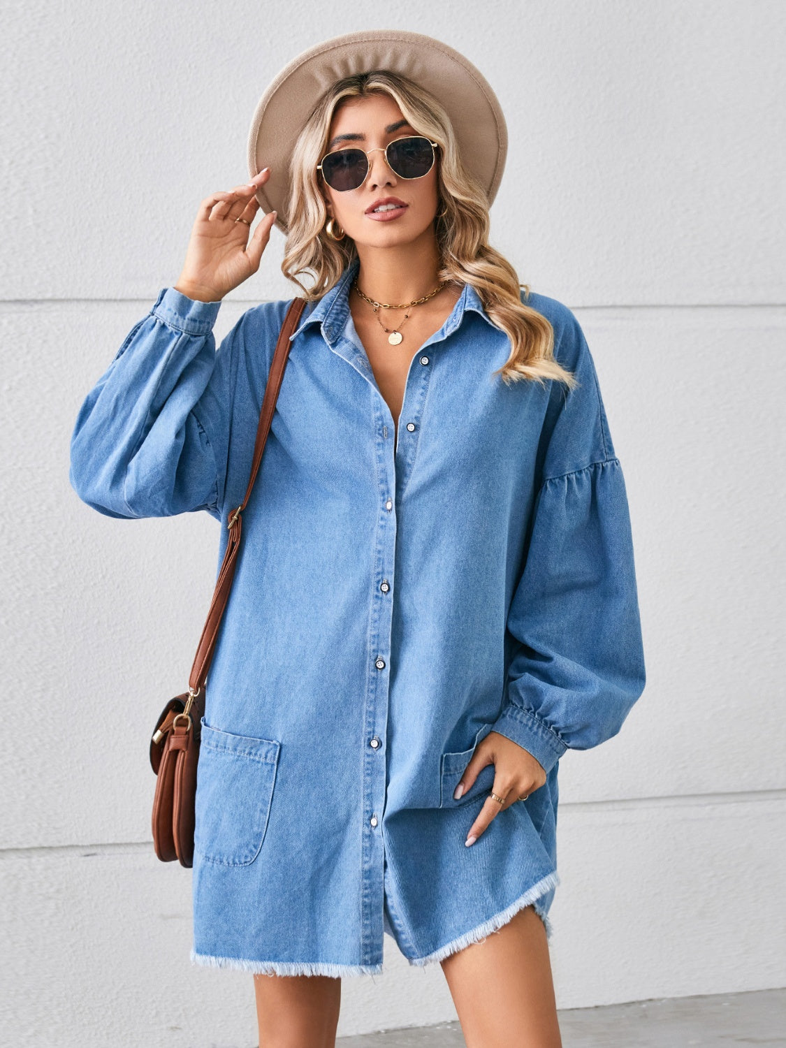 Button Up Pocketed Raw Hem Denim Dress 