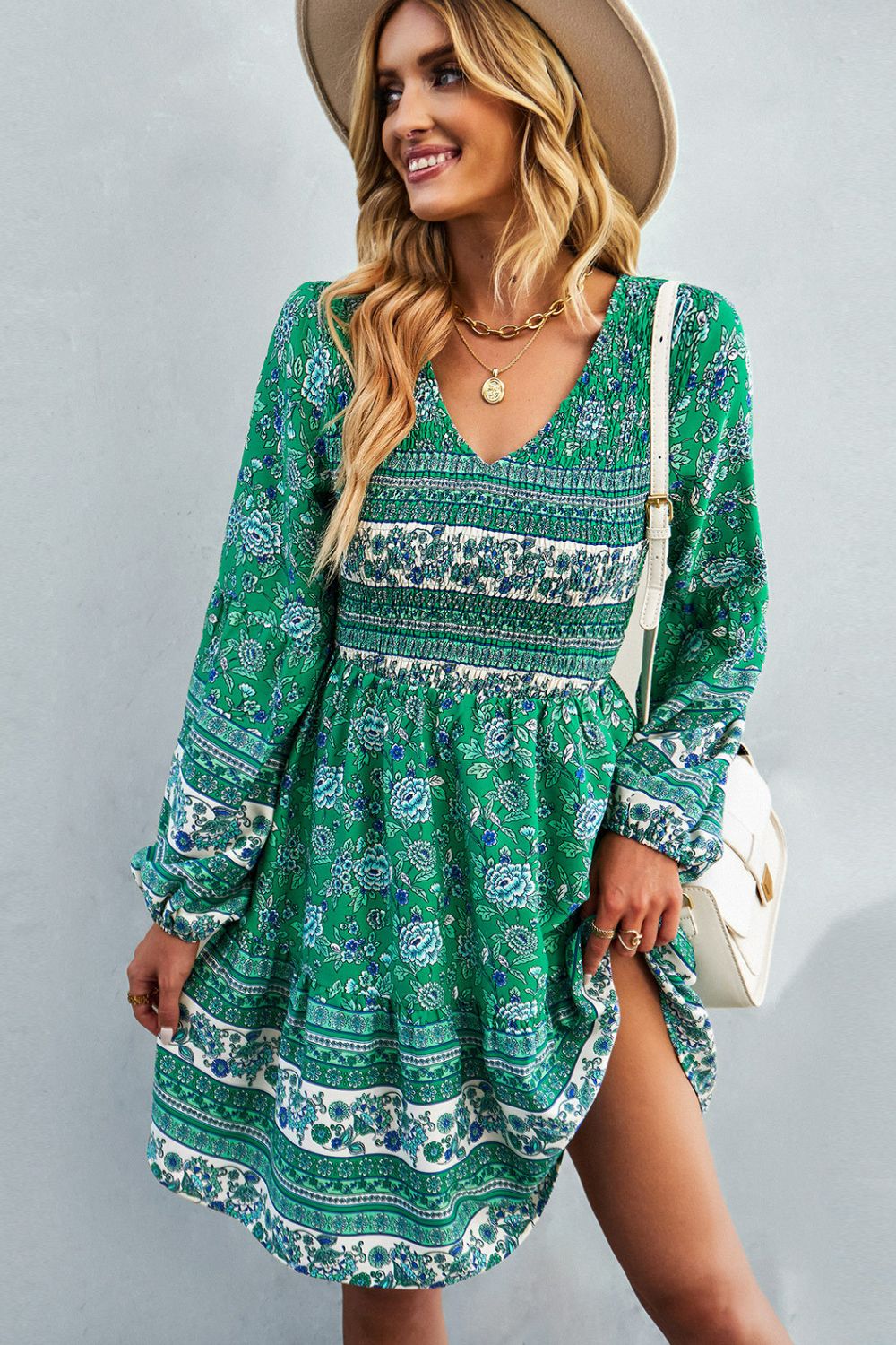 Bohemian V-Neck Balloon Sleeve Dress 