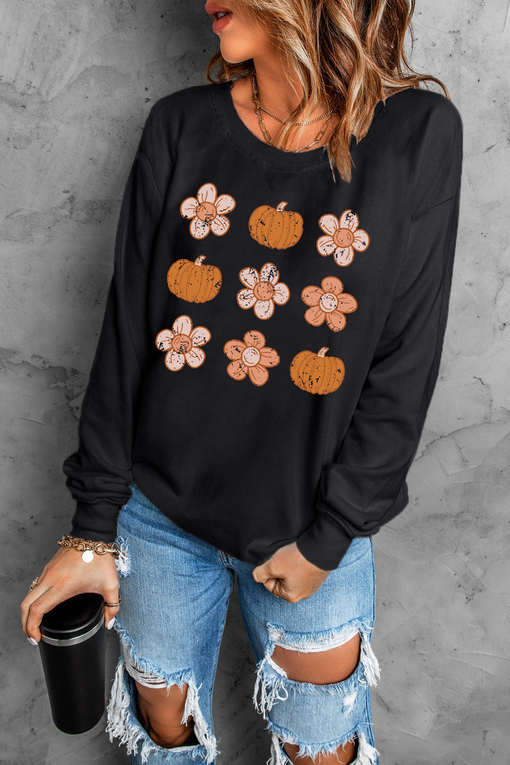 Simply Love Round Neck Long Sleeve Pumpkin & Flower Graphic Sweatshirt 