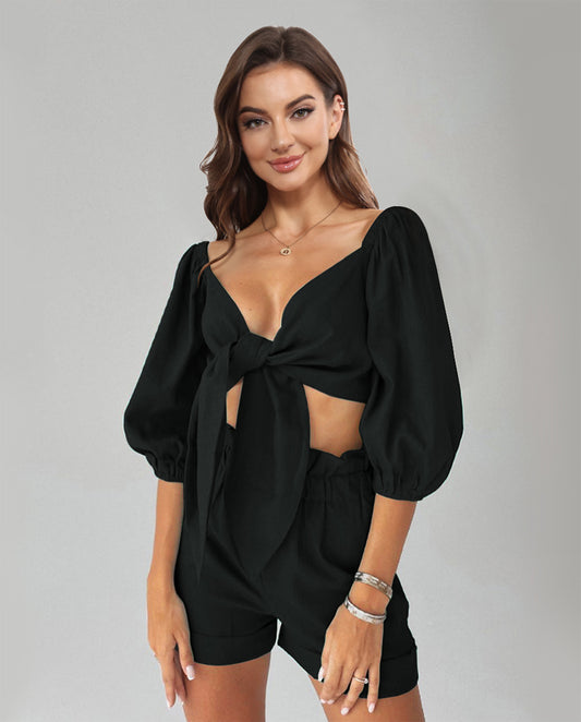 Cutout Puff Sleeve Top and Shorts Set 