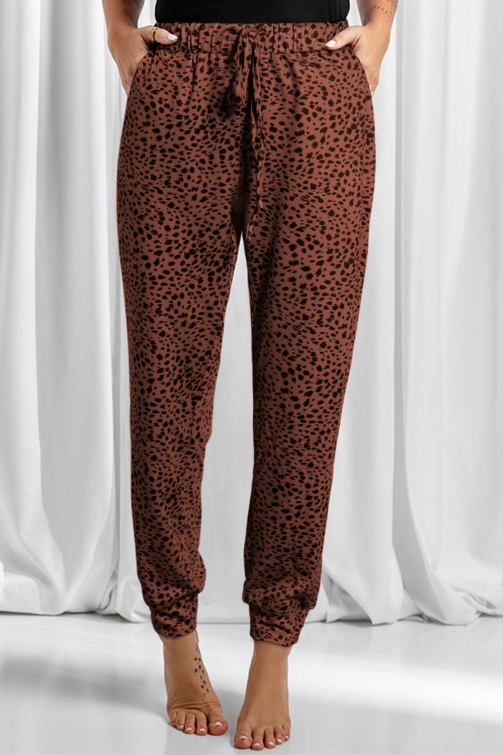 Full Size Leopard Drawstring Pocketed Pants 