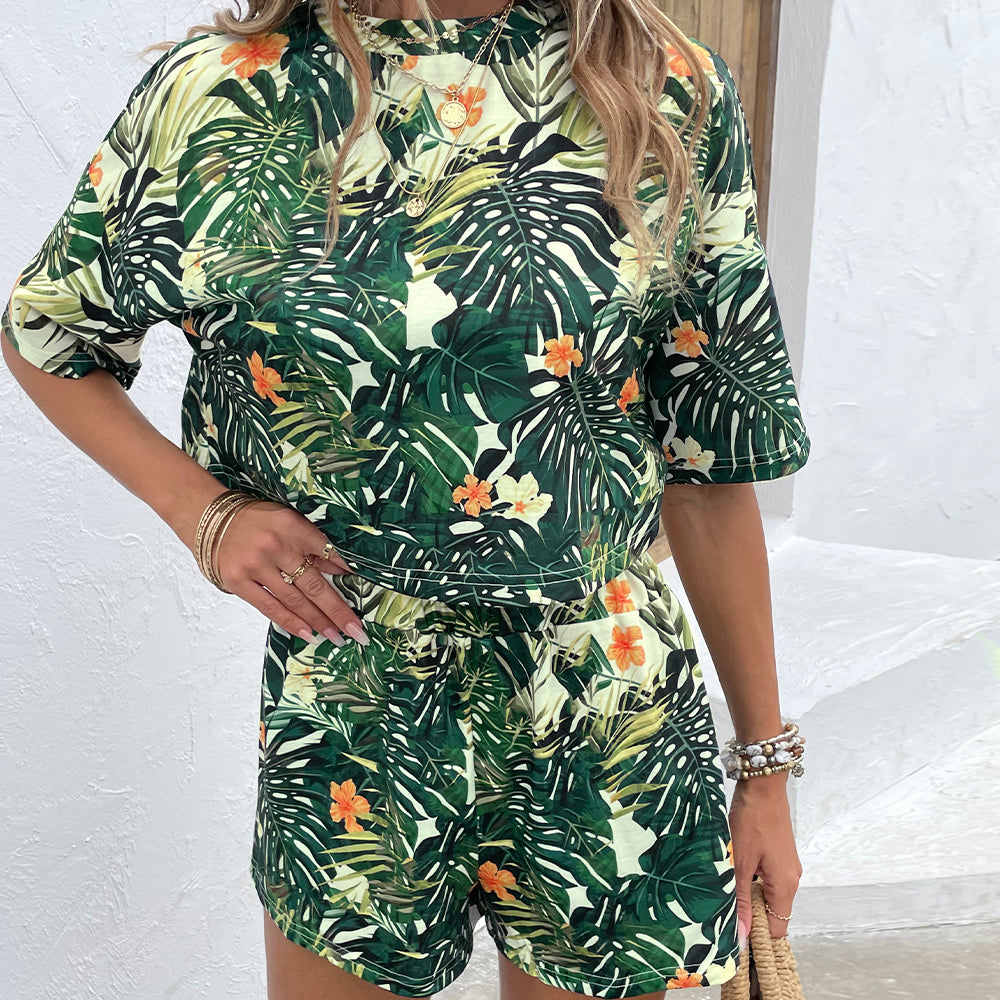 Floral Print Round Neck Dropped Shoulder Half Sleeve Top and Shorts Set 