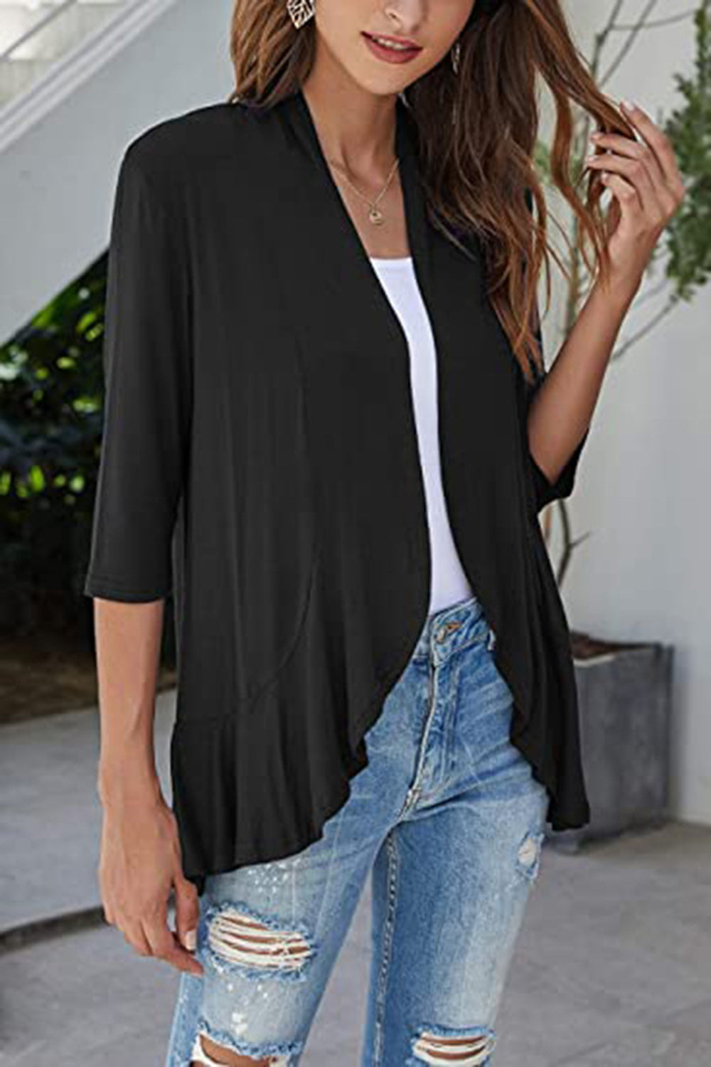 Open Front Three-Quarter Sleeve Cardigan 