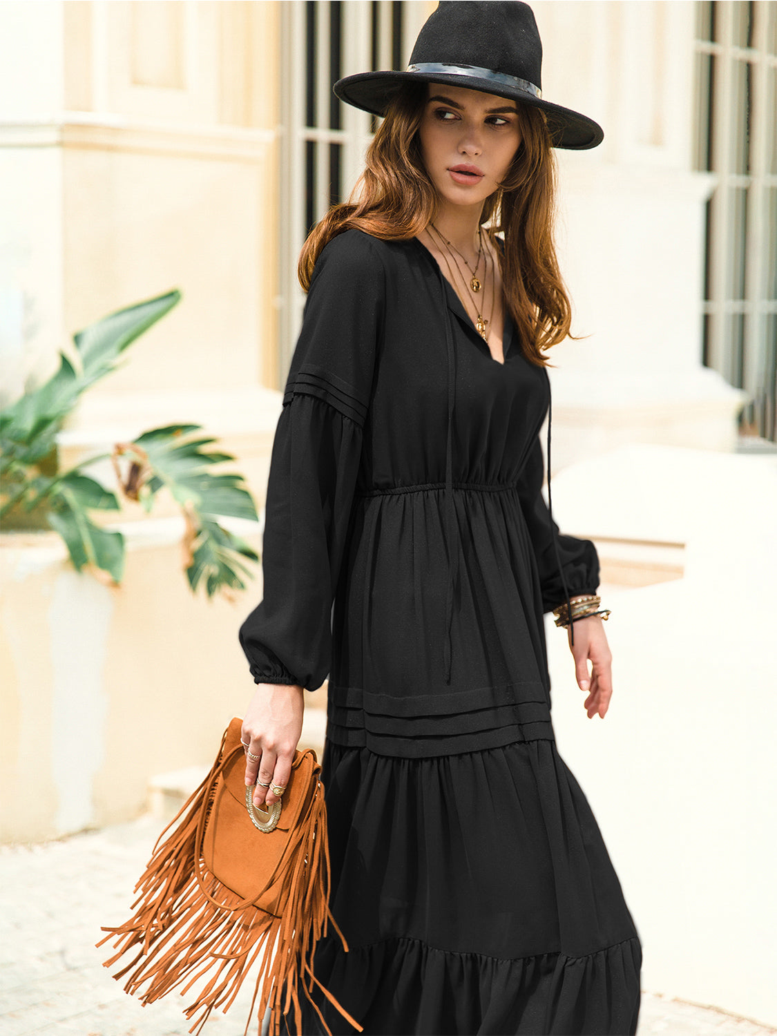 Tie Neck Long Sleeve Midi Tiered Dress 