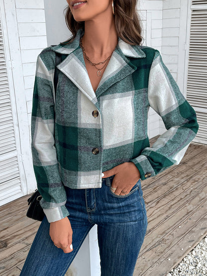 Plaid Collared Neck Button Up Long Sleeve Jacket 