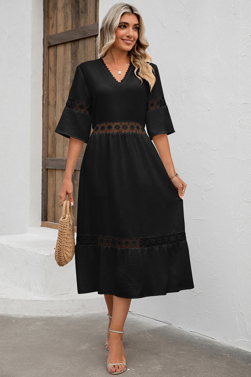 Cutout V-Neck Half Sleeve Midi Dress 