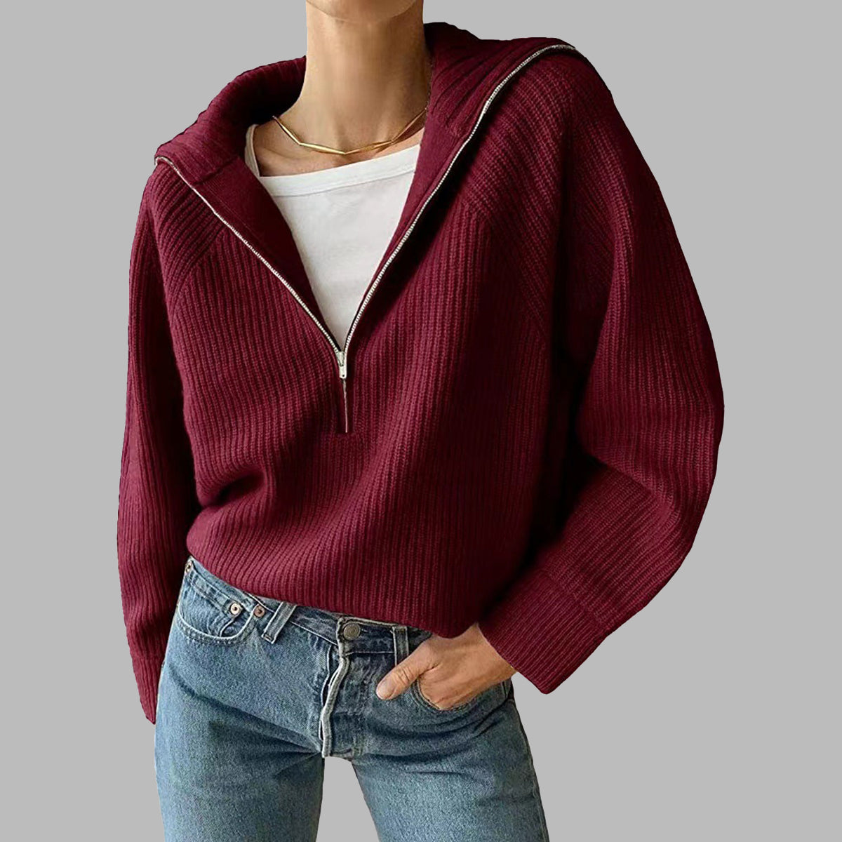 HaIf Zip Long Sleeve Knit Top 