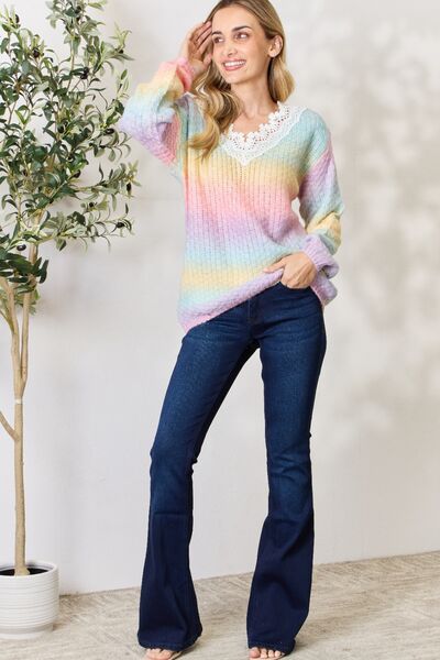 BiBi Rainbow Gradient Crochet Deetail Sweater 