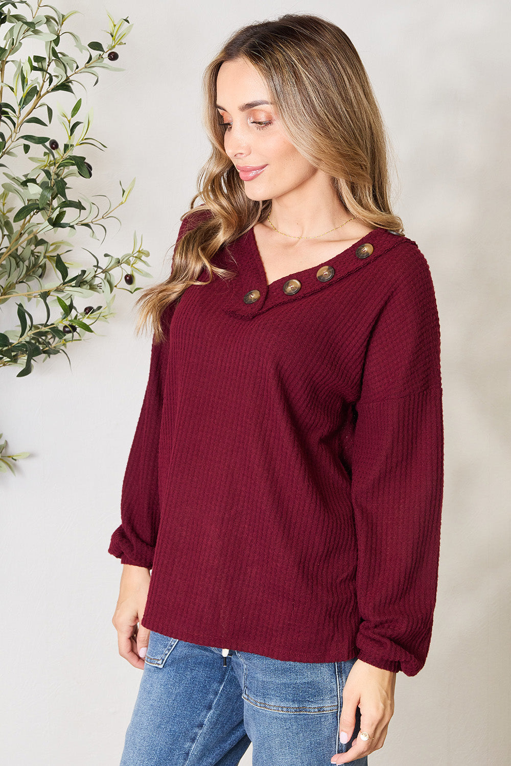 Zenana Buttoned V-Neck Long Sleeve Blouse 