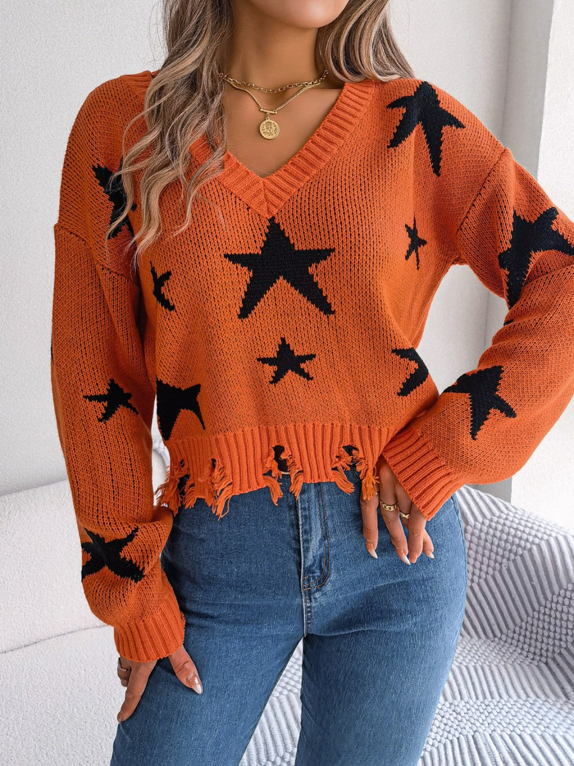 Star Pattern Distressed V-Neck Cropped Sweater 