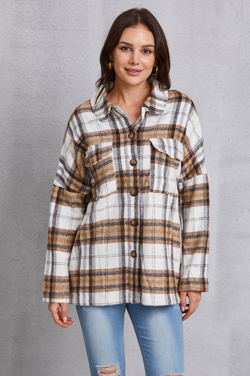 Plaid Button Up Dropped Shoulder Outerwear 