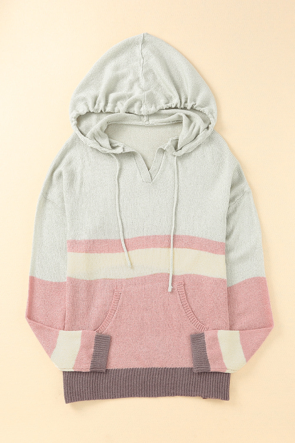 Color Block Drawstring Side Slit Hooded Sweater 