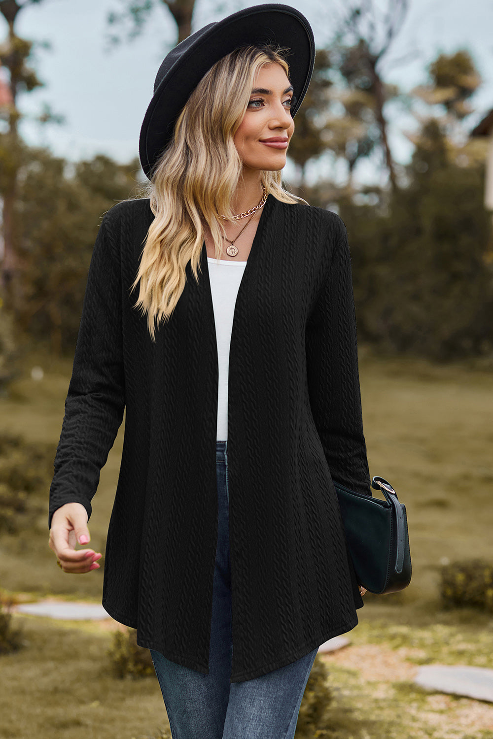 Textured Open Front Long Sleeve Cardigan 