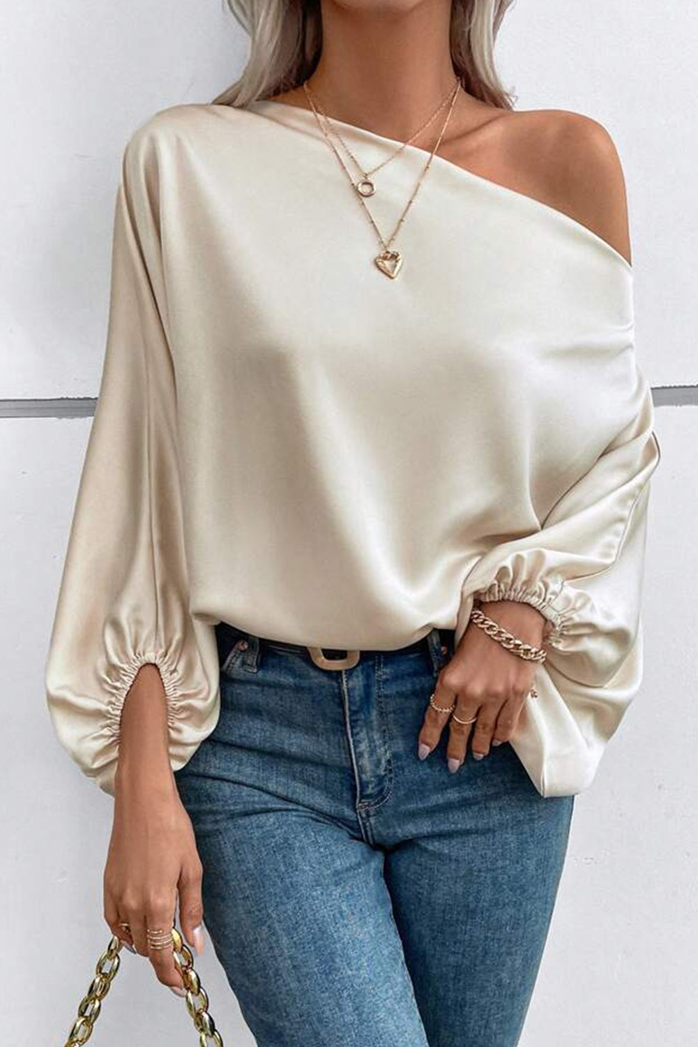 Single Shoulder Balloon Sleeve Blouse - Babbazon Camisole