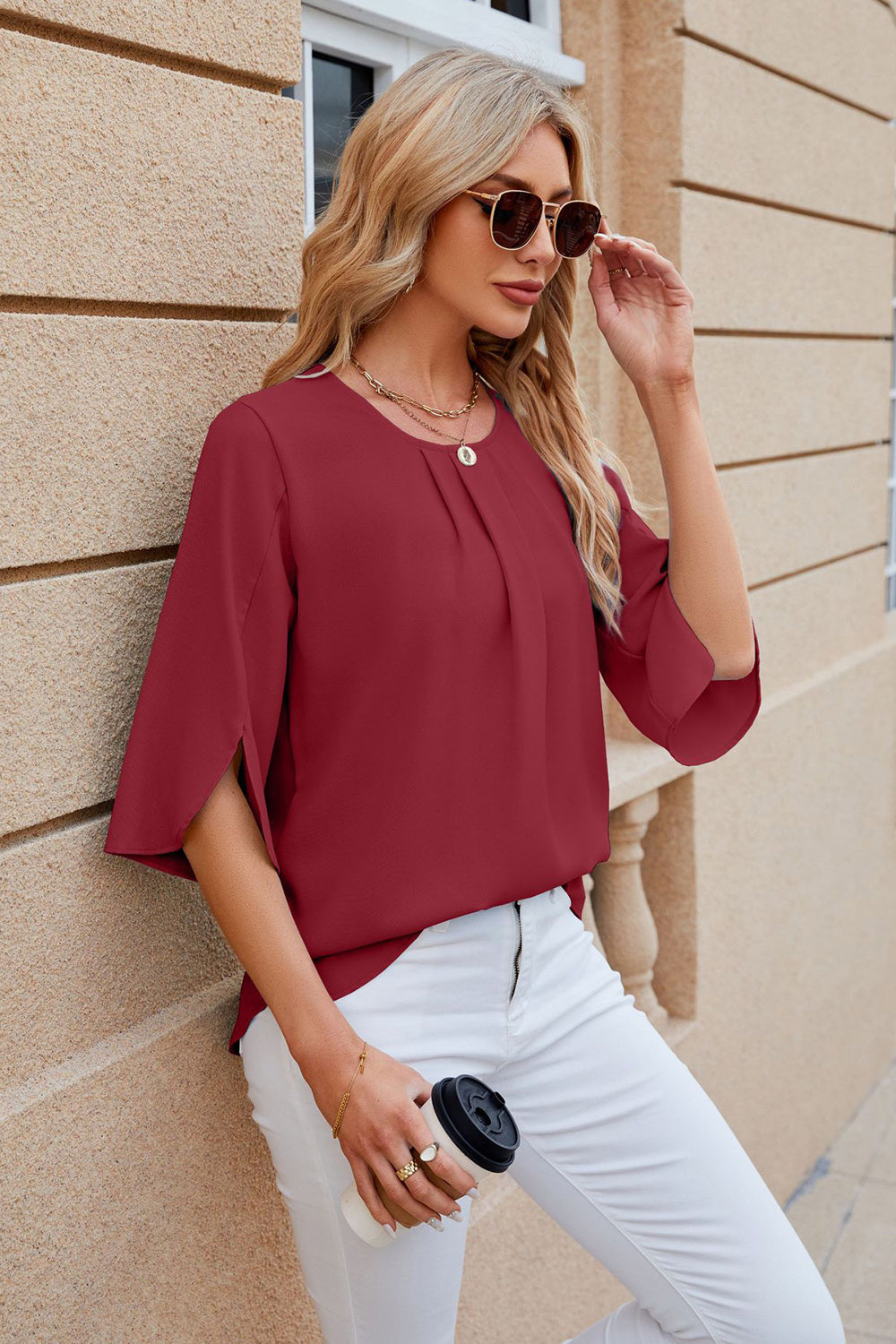 Round Neck Slit Half Sleeve Top 