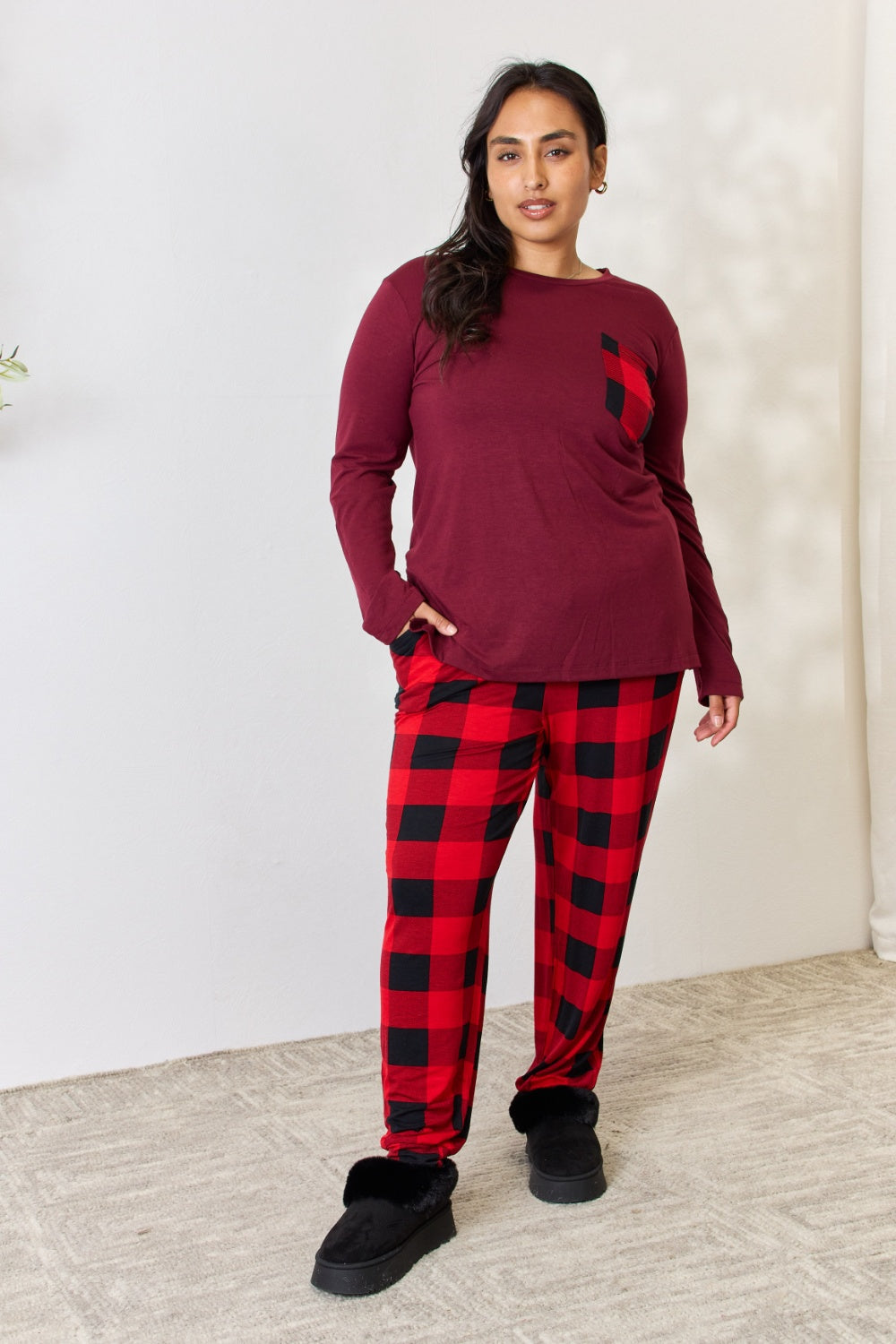 Zenana Full Size Plaid Round Neck Top and Pants Pajama Set 