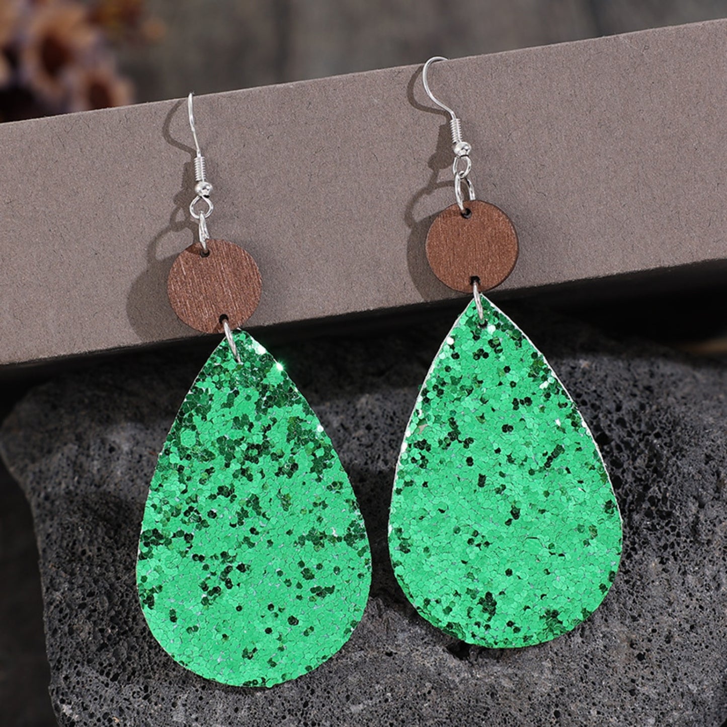 Sequin PU Leather Wooden Dangle Earrings 