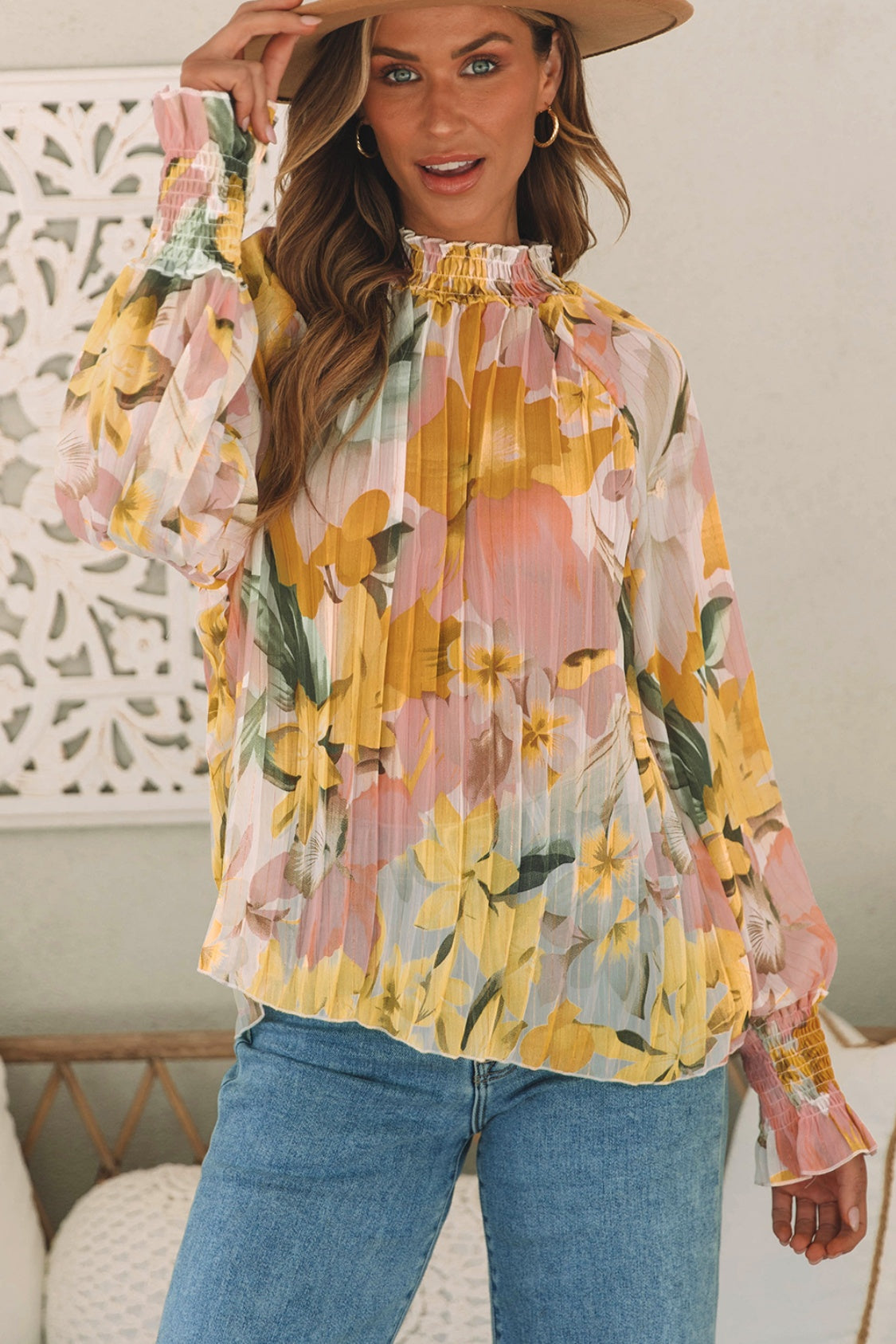 Floral Smocked Mock Neck Pleated Blouse 