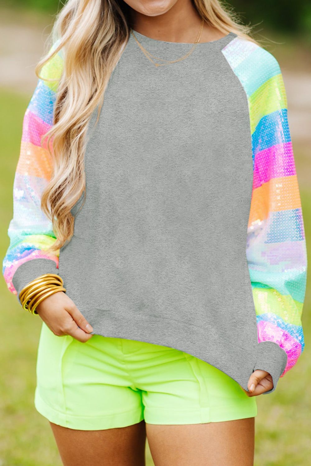 Sequin Round Neck Color Block  Sleeve Sweatshirt