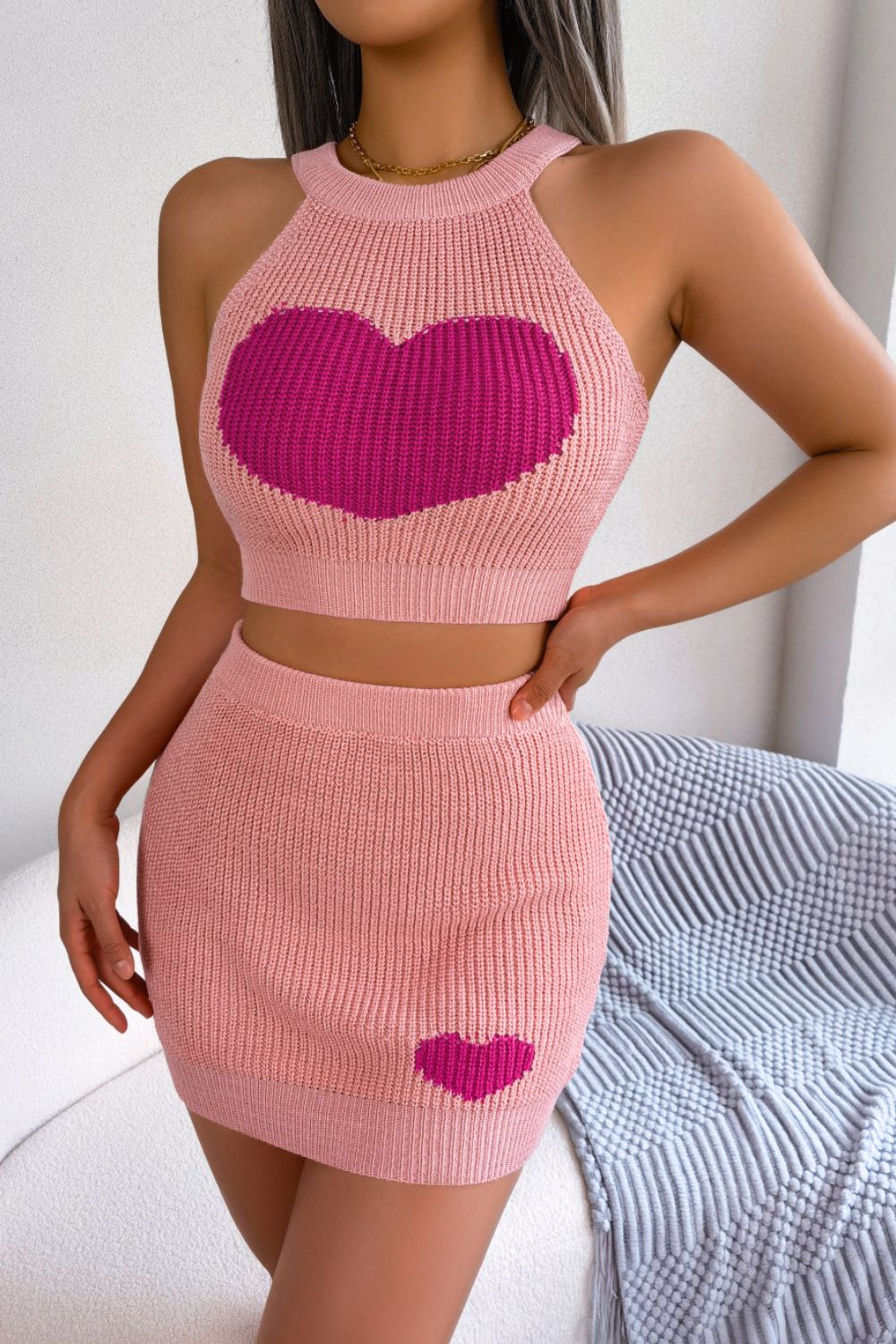 Heart Contrast Ribbed Sleeveless Knit Top and Skirt Set 