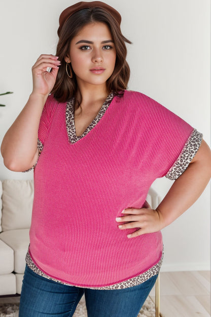 Plus Size Leopard V-Neck Short Sleeve T-Shirt 