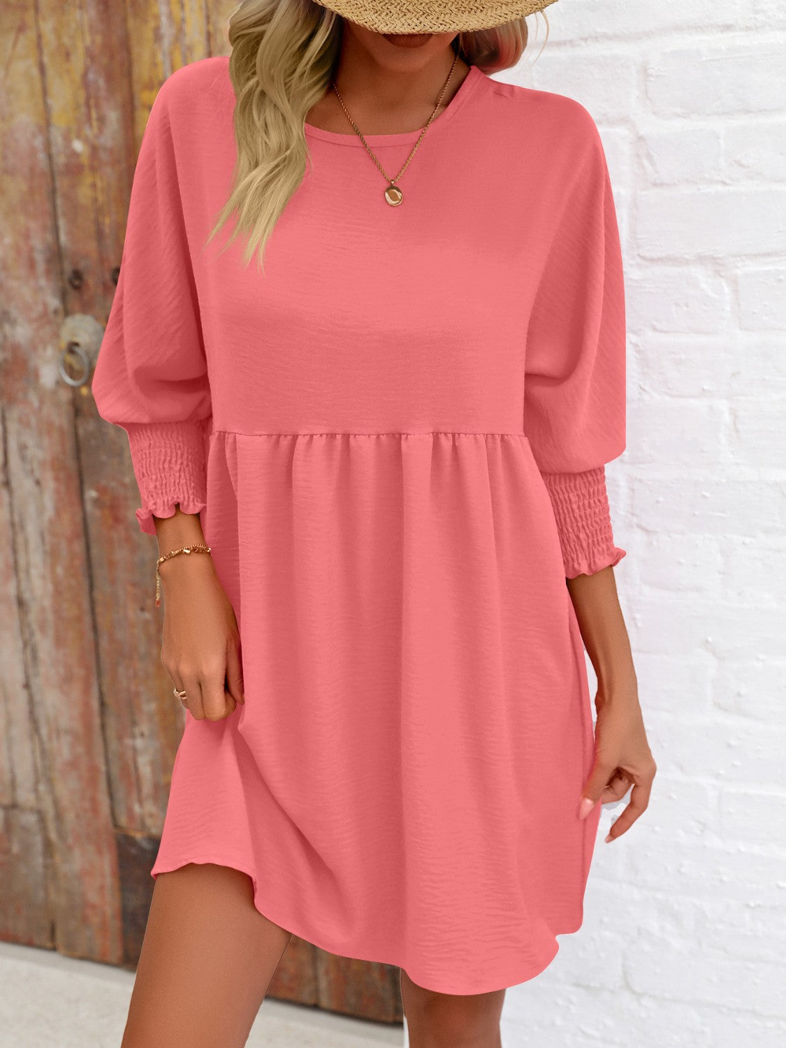 Round Neck Lantern Sleeve Mini Dress - Babbazon