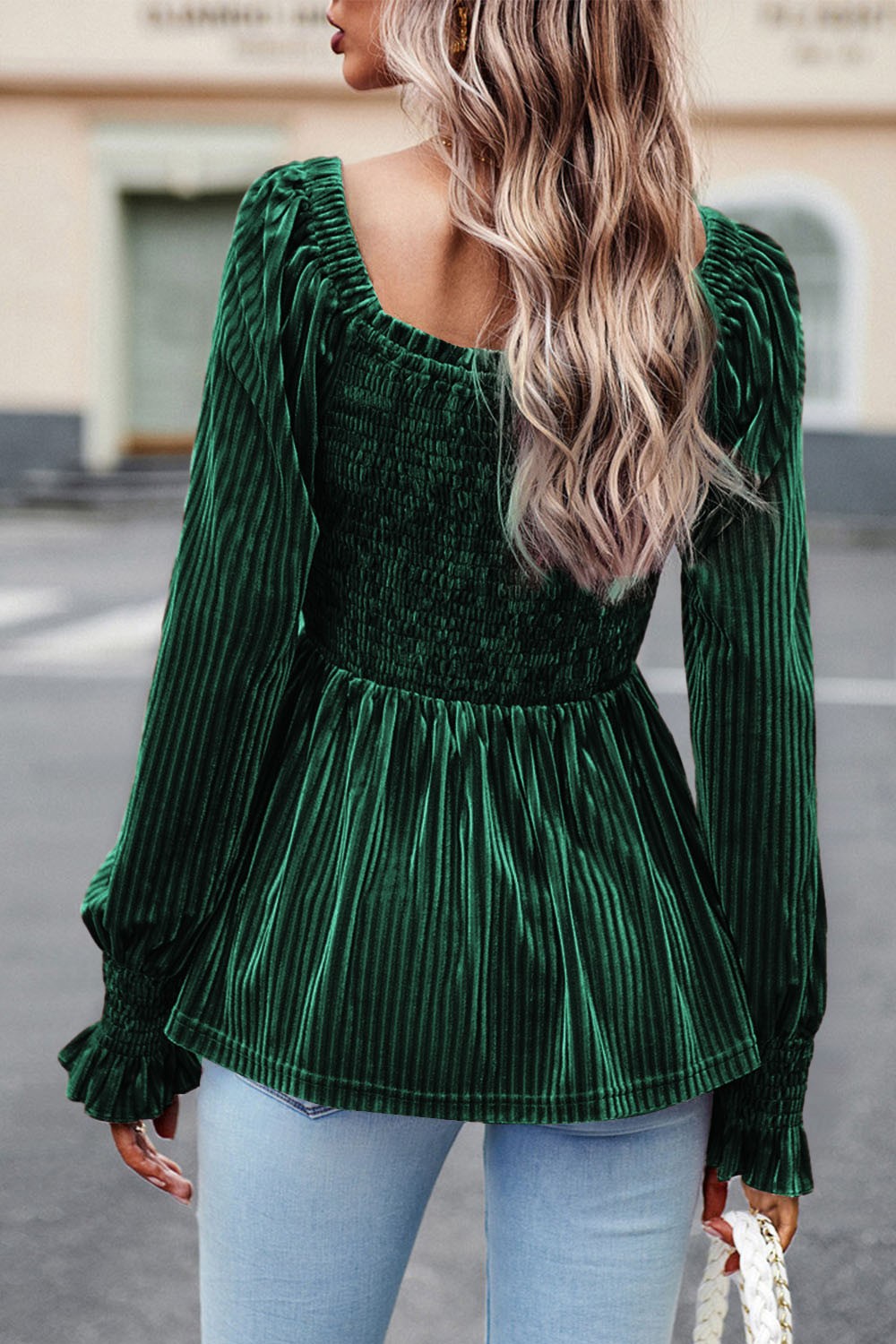 Smocked Ribbed Velvet Babydoll Top 