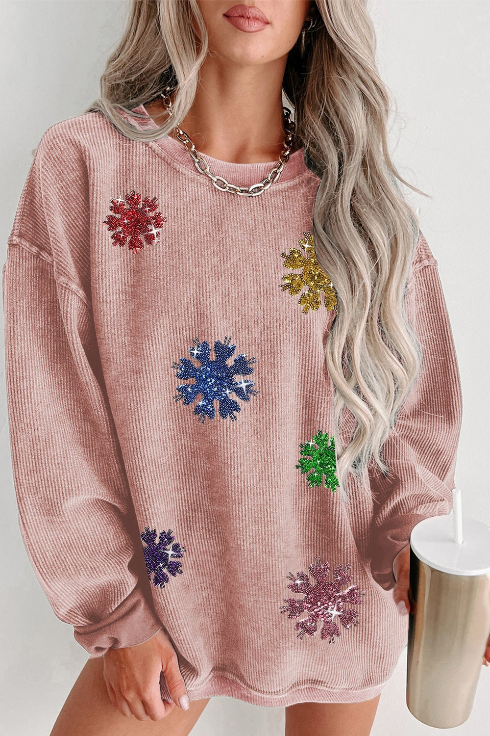 Sequin Snowflake Round Neck Sweatshirt - Babbazon Tops