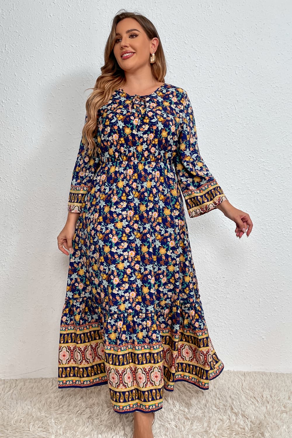 Melo Apparel Plus Size Bohemian Round Neck Maxi Dress 