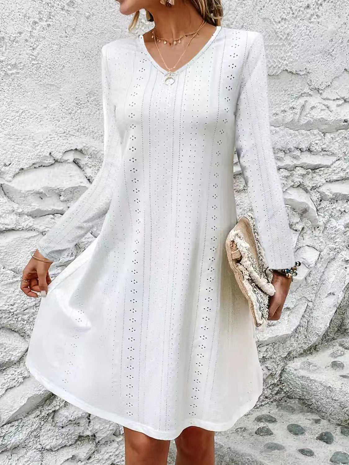 Eyelet V-Neck Long Sleeve Mini Dress 