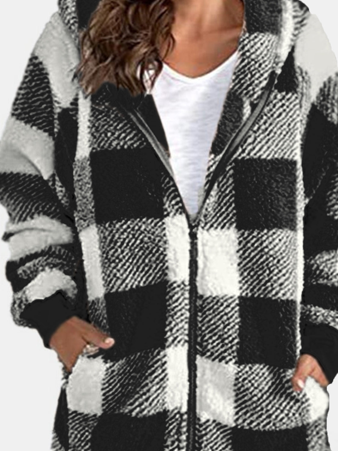 Plaid Zip Up Hooded Jacket with Pockets 