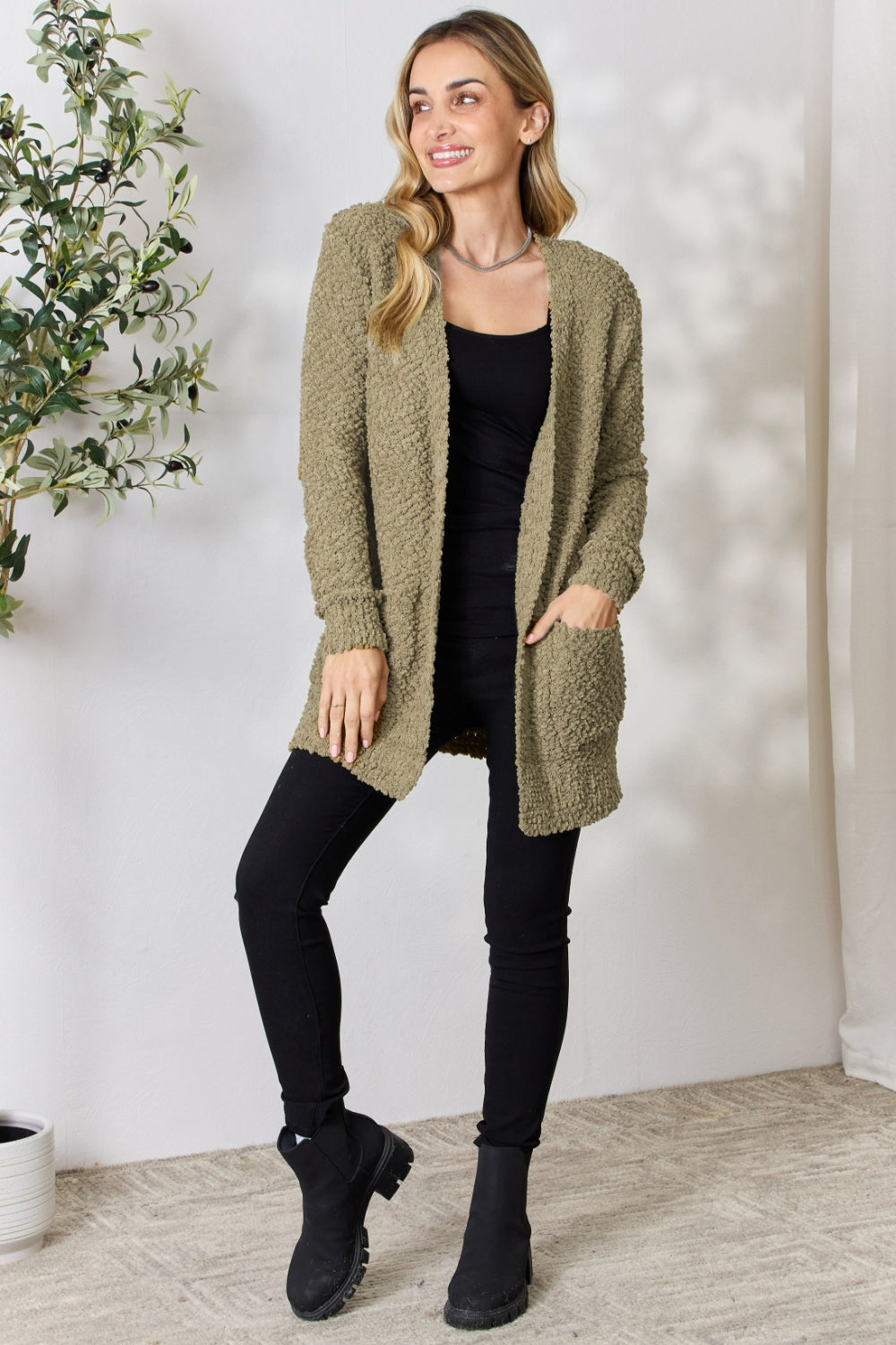 Zenana Falling For You Full Size Open Front Popcorn Cardigan 