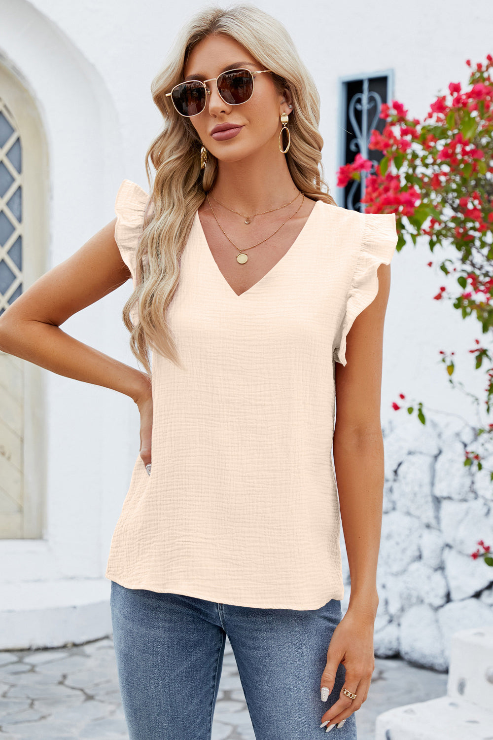 Ruffled V-Neck Cap Sleeve Blouse 