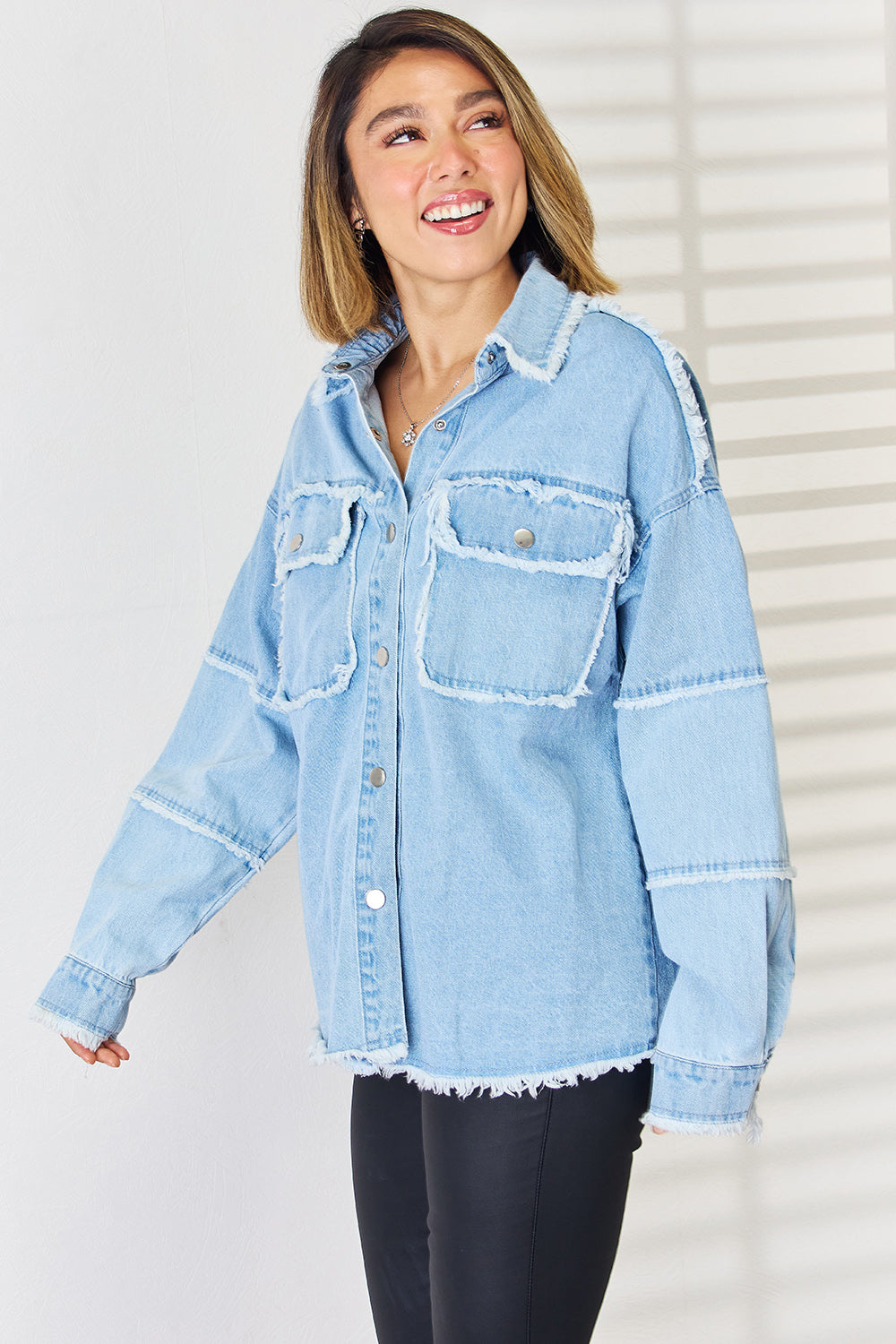 PEACE Raw Hem Dropped Shoulder Denim Top 