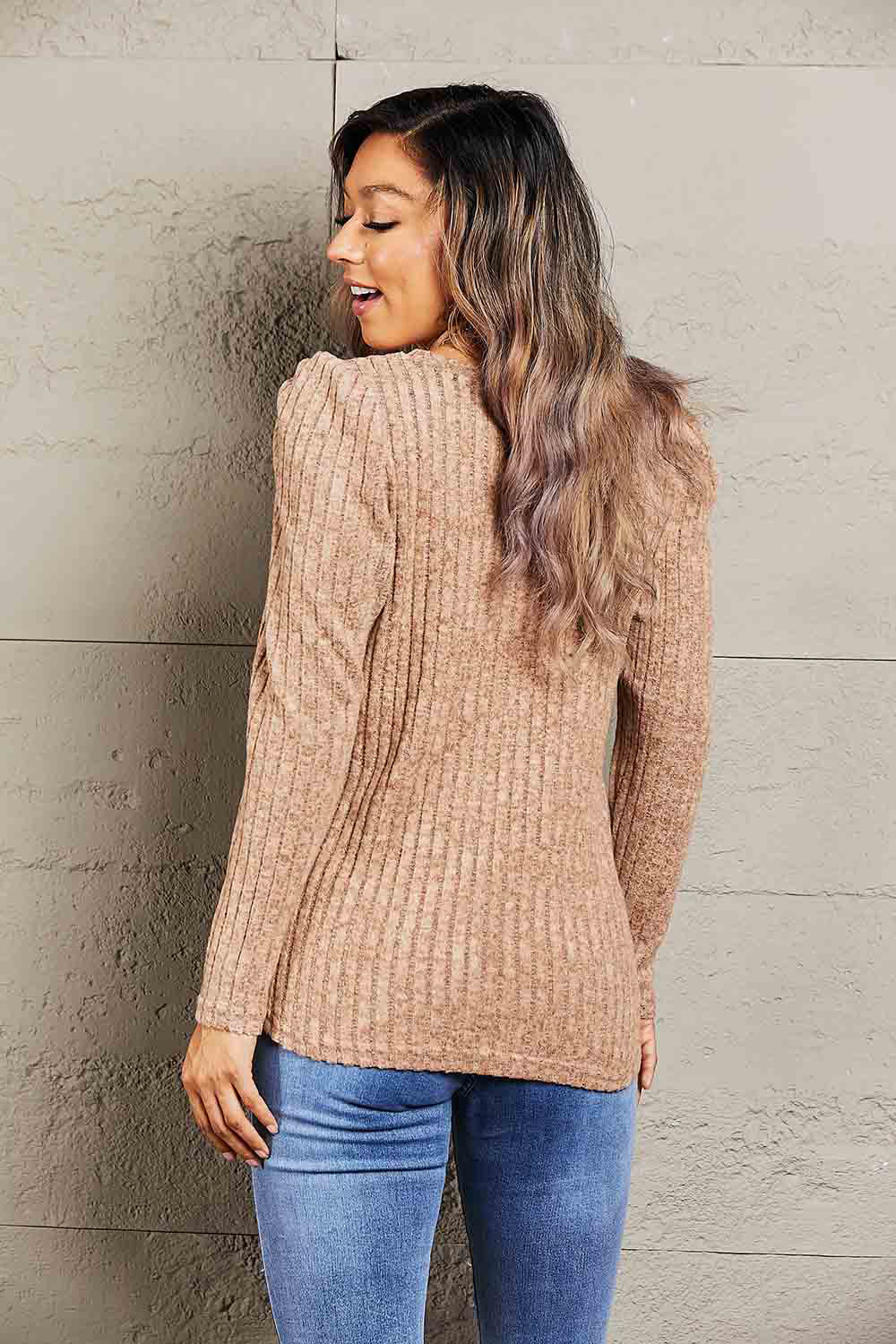 Double Take Round Neck Puff Sleeve Ribbed Top 