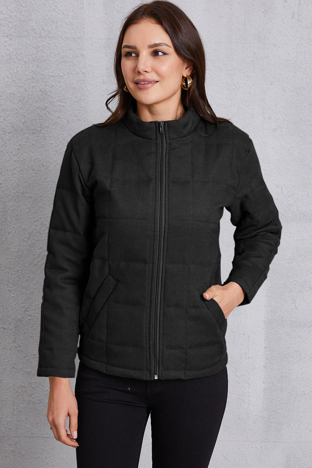 Zip Up Mock Neck Pocketed Jacket