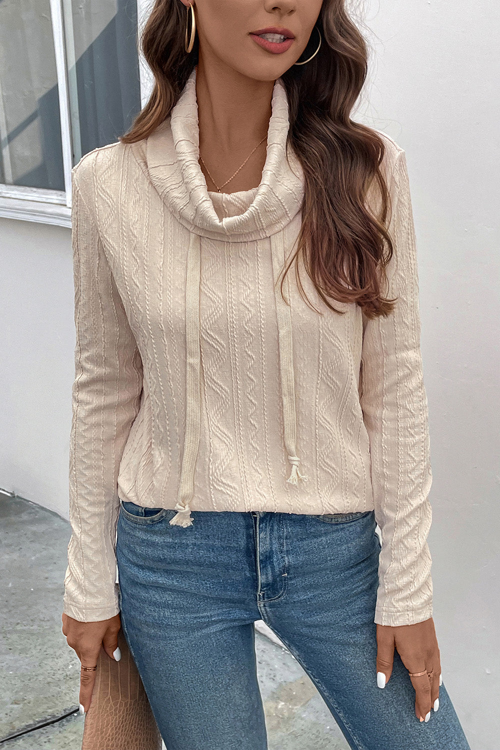 Tied Mock Neck Long Sleeve Knit Top 