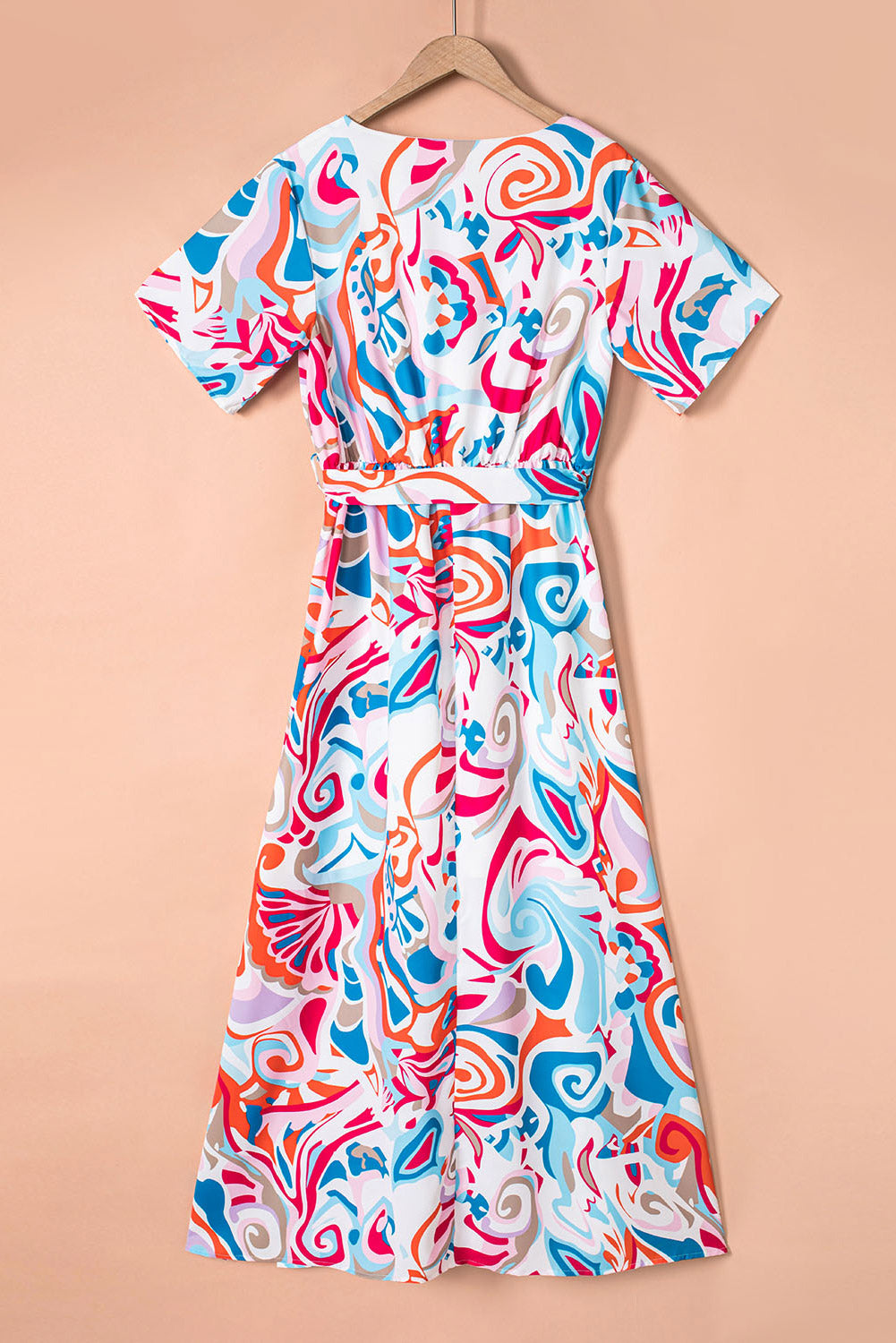 Printed Short Sleeve Tie Waist Dress 