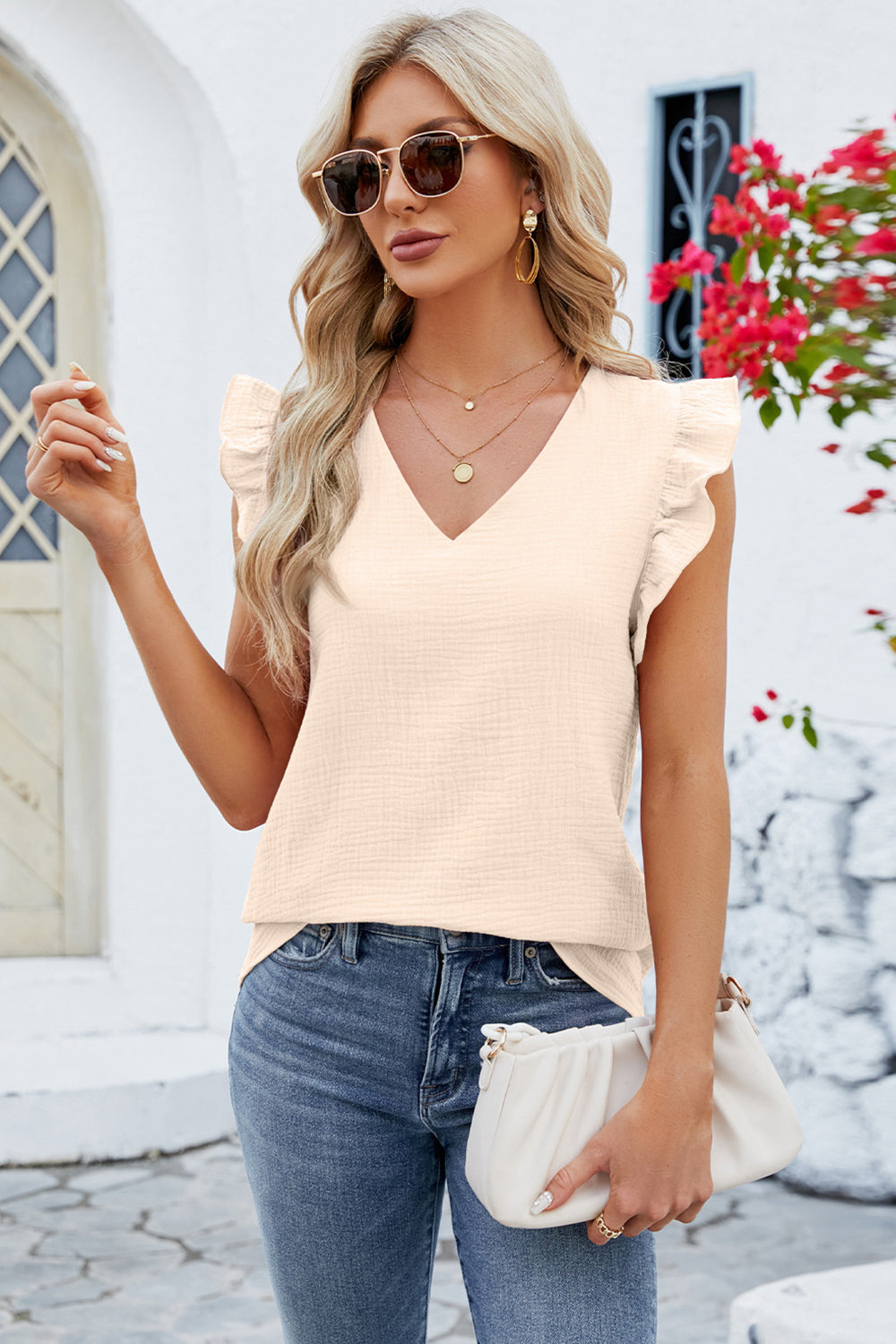 Ruffled V-Neck Cap Sleeve Blouse 