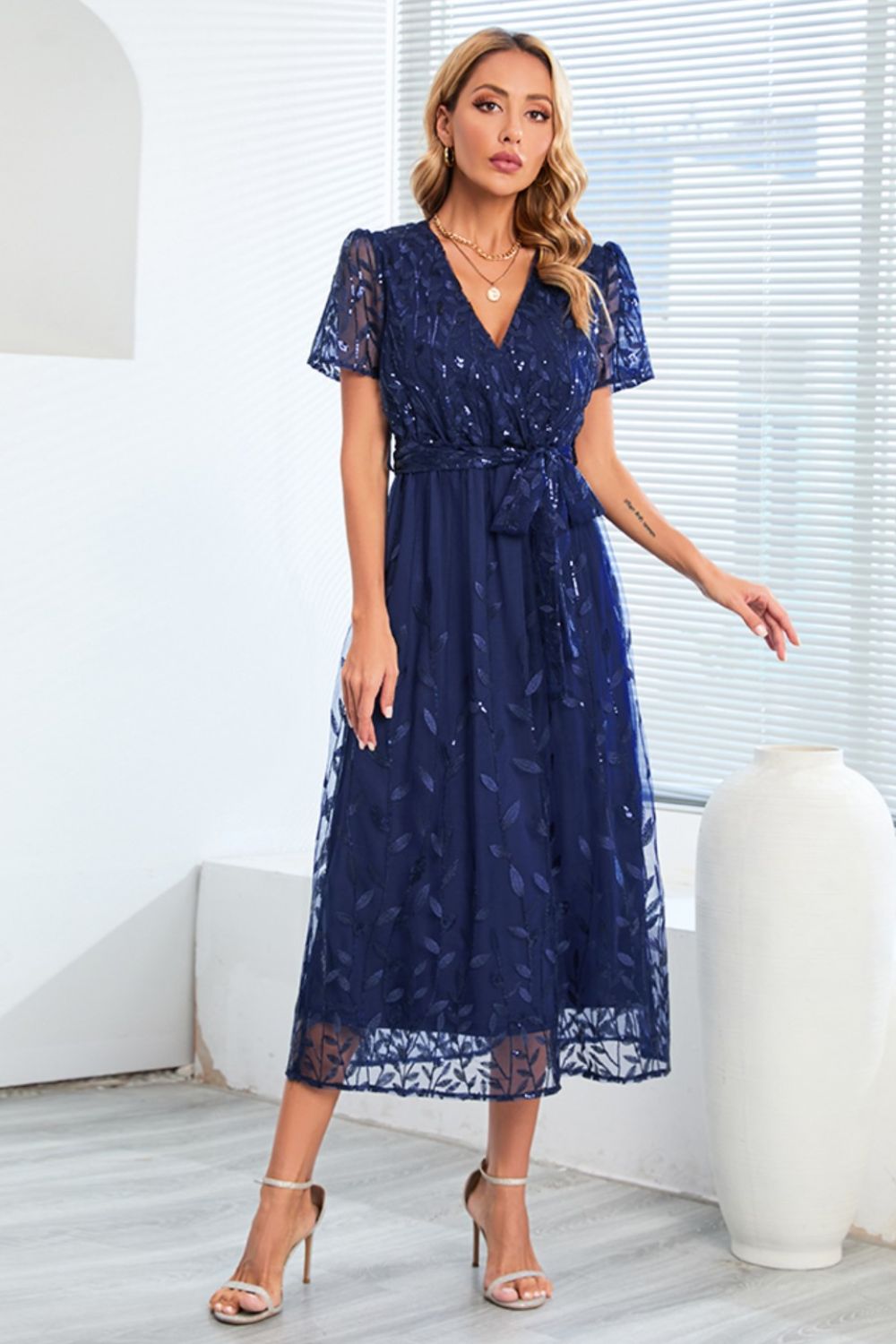 Sequin Leaf Embroidery Tie Front Short Sleeve Dress 