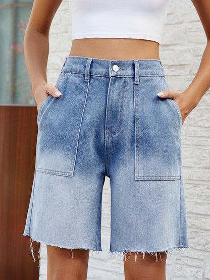 Buttoned Raw Hem Denim Shorts with Pockets 