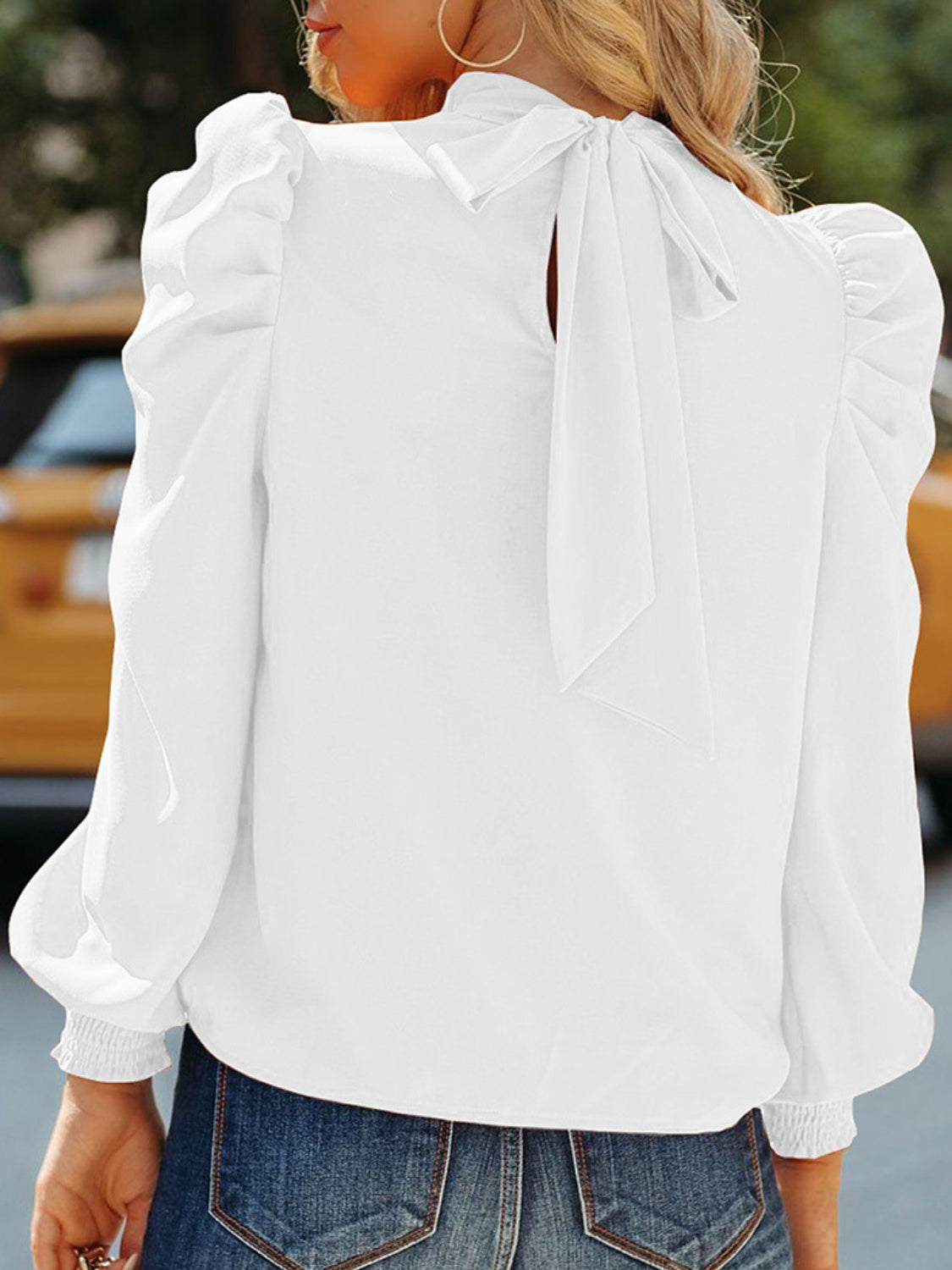 Tied Mock Neck Lantern Sleeve Blouse 